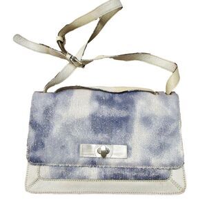 BCBGMaxAzria Womens Blue White Sequins Leather Rectangle Flap Shoulder Bag Purse